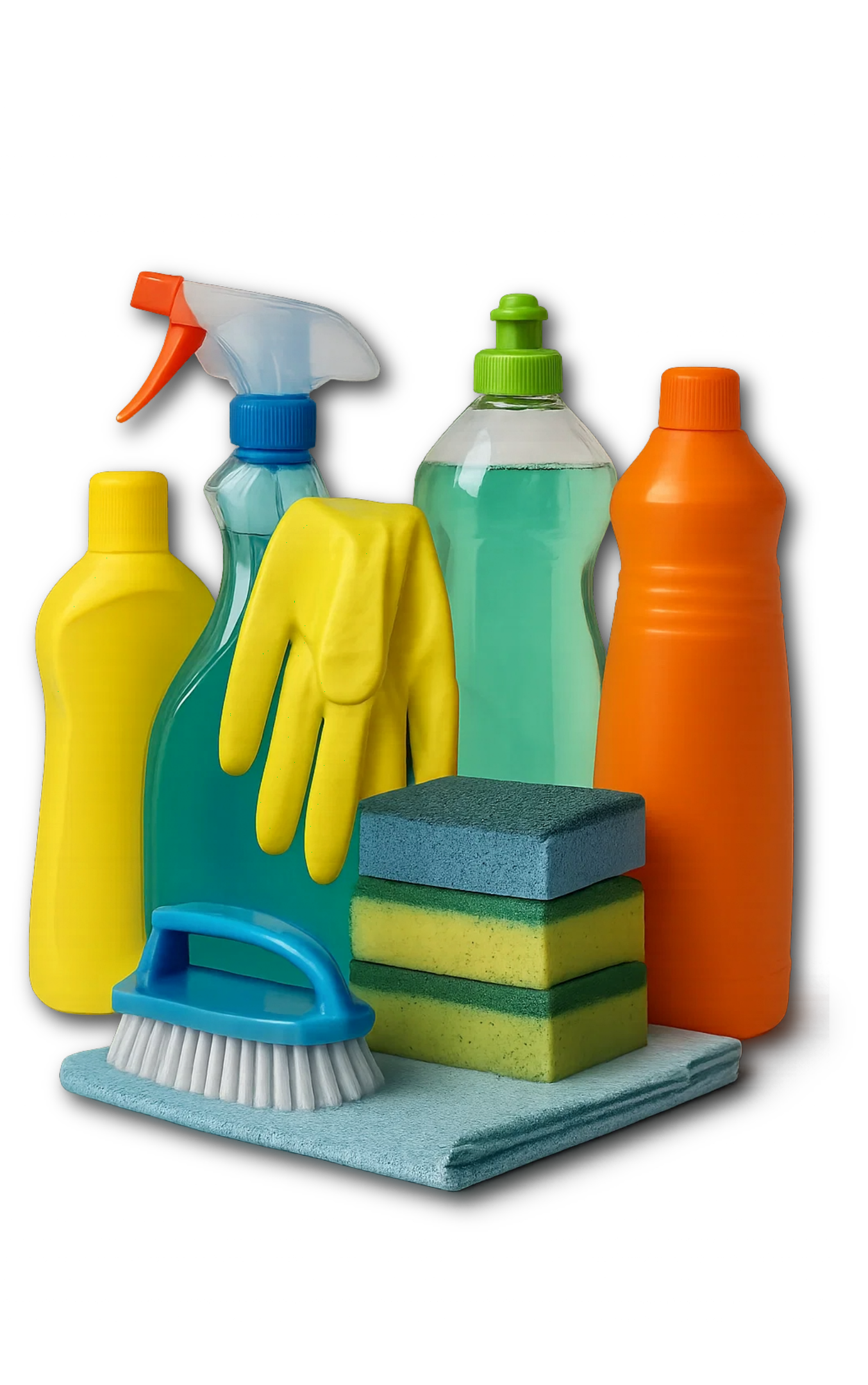 A man wearing gloves and an apron is smiling while cleaning a window with a cloth and a spray bottle in a bright, modern room.